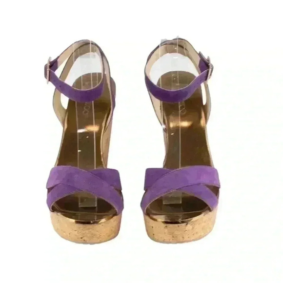 Jimmy Choo Pela Purple Suede Cork Wedges Ankle T Strap Size 37.5 - Picture 1 of 10